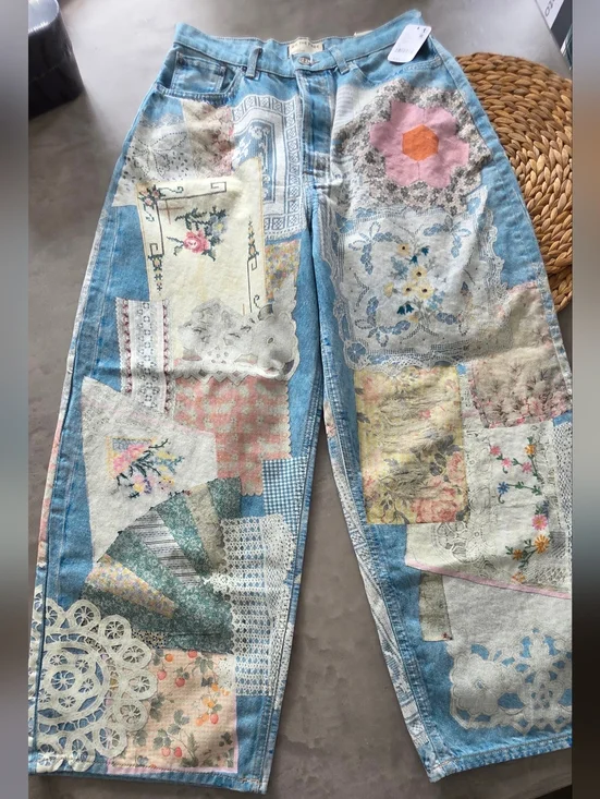 Free People We The Free Illusions Relaxed Fit Barrel Jeans Patchwork - Picture 2 of 14